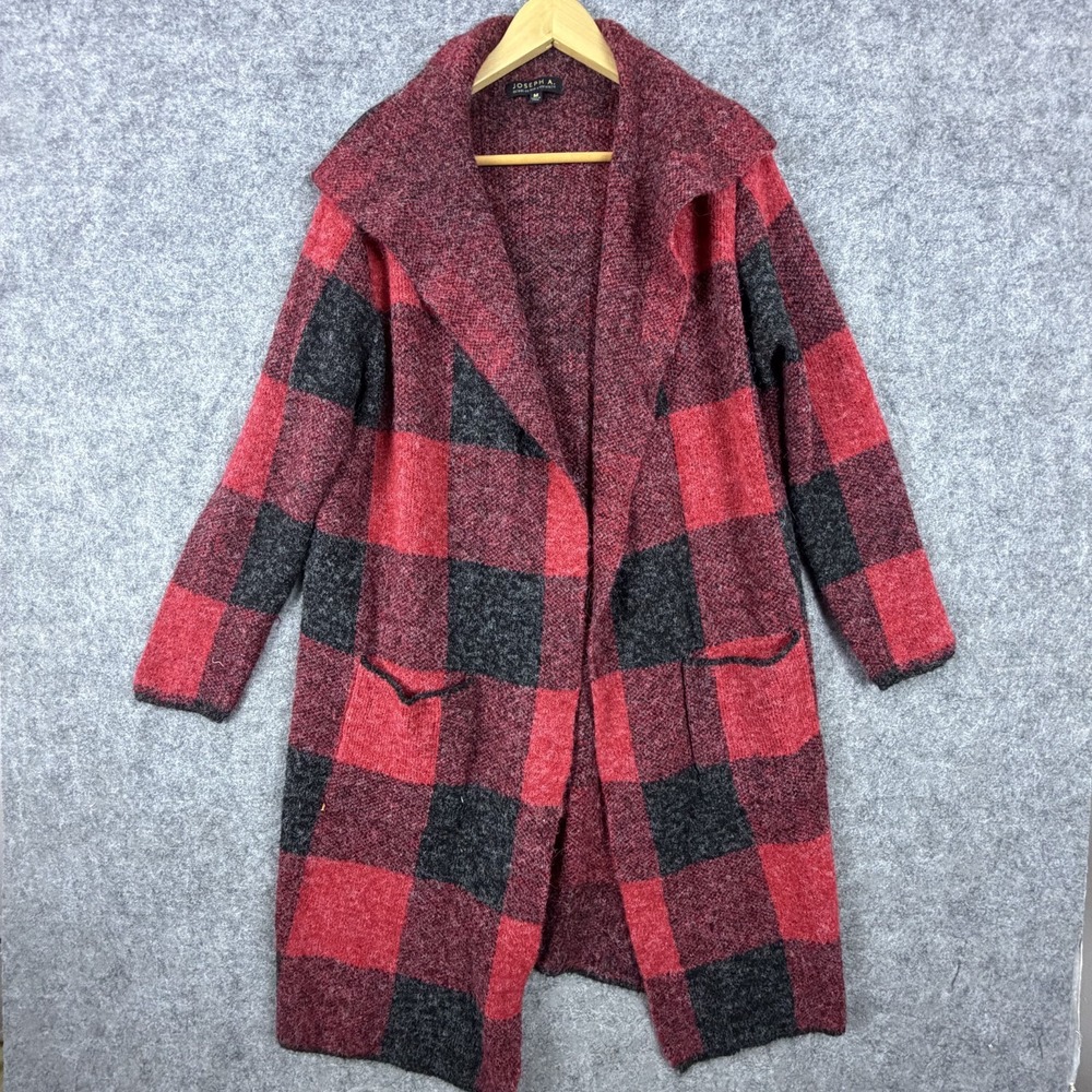Joseph A Cardigan Jacket Womens M Red Black Buffalo Plaid Open Front Cabincore